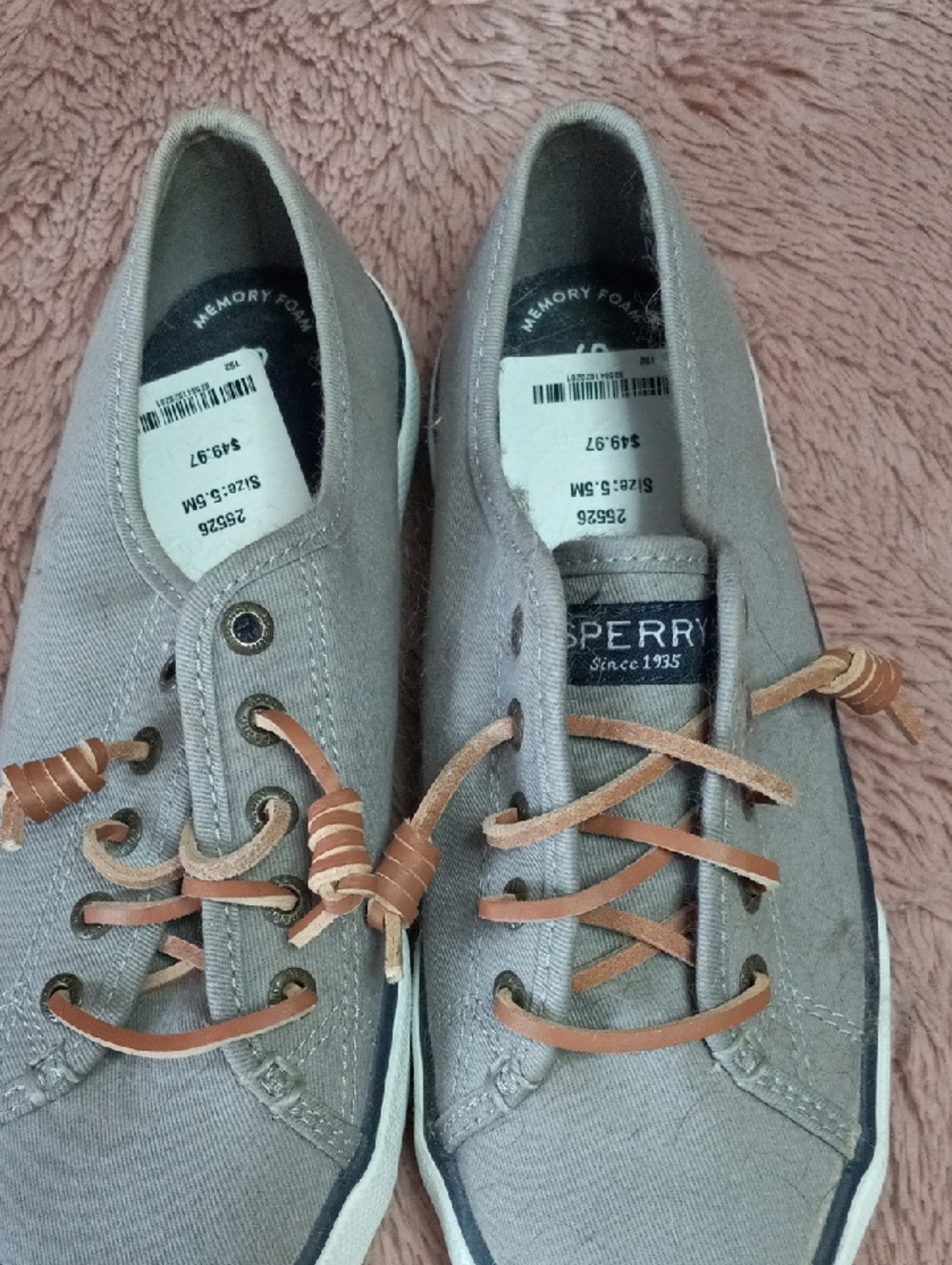 Sperry Women's  Canvas Boat Shoe in Taupe with Tan Laces